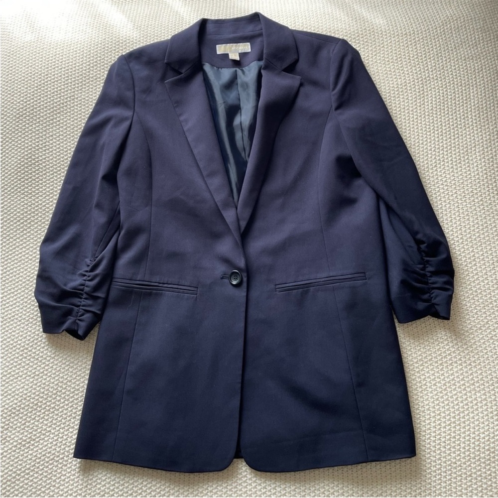 MICHAEL Michael Kors 3/4 Sleeve Three Quarter Sleeve Ruched Sleeve Navy Blazer